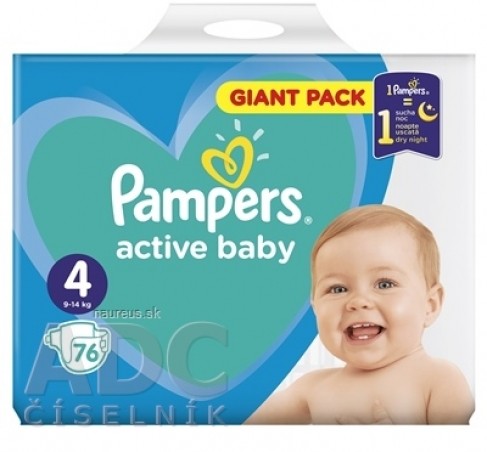 PAMPERS active baby Giant Pack 4 Maxi dětské pleny (9-14 kg) (inov.2018) 1x76 ks