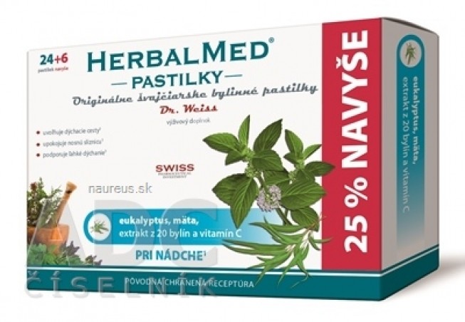 HERBALMED PASTILKY při rýmě - Dr.Weiss (eukalyptus, máta, 20 bylin, vit.C) pastilky 24 + 6 navíc (30 ks)