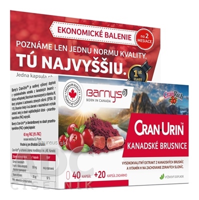 Levně BioPol GN s.r.o. div. Pharma United Ltd. (CAN) Barnys CRAN-urinál KANADSKÉ BRUSINKY cps 40 + 20 zdarma (60 ks) 60 ks