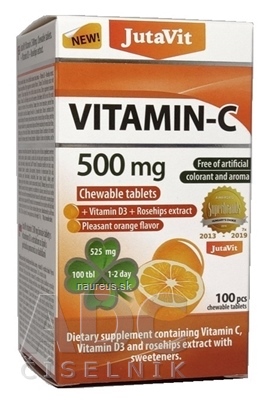 Levně JuvaPharma Kft. JutaVit Vitamin C 500 mg žvýkací tablety, s vitamínem D3 a extraktem ze šípků, se sladidly, s příchutí pomeranče 1x100 ks 500mg