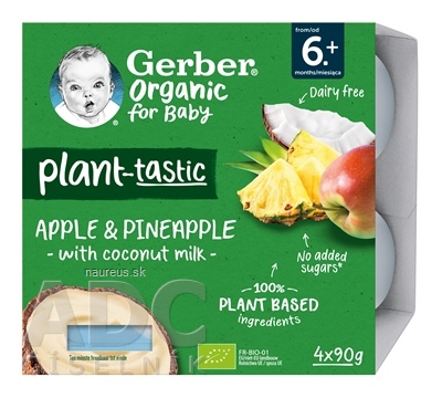 Levně Nestlé France Gerber Organic Rostlinný dezert Jablko a ananas s kokosovým mlékem (od ukonč. 6. měsíce) 4x90 g
