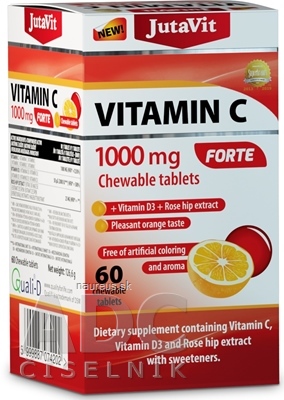 Levně JuvaPharma Kft. JutaVit Vitamin C 1000 mg FORTE žvýkací tablety, s vitamínem D3 a extraktem ze šípků, se sladidly, s příchutí pomeranče 1x60 ks 1000mg