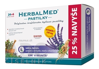 Levně Simply You Pharmaceuticals a.s. HERBALMED PASTILKY při nachlazení - Dr.Weiss (šalvěj, ženšen, 20 bylin, vit.C) pastilky 24 + 6 navíc (30 ks) 30 ks