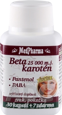 Levně MedPharma, spol. s r.o. MedPharma betakaroten 25.000 mj + Panthenol + PABA cps 30 + 7 zdarma (37 ks) 30 ks