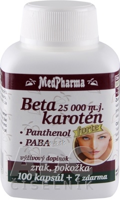 Levně MedPharma, spol. s r.o. MedPharma betakaroten 25.000 mj + Panthenol + PABA cps 100 + 7 zdarma (107 ks) 100 ks