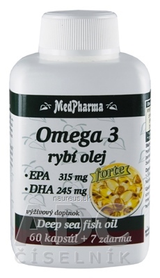 Levně MedPharma, spol. s r.o. MedPharma OMEGA 3 rybí olej forte - EPA, DHA cps 60 + 7 zdarma (67 ks) 67 ks