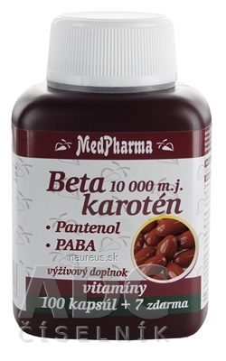 Levně MedPharma, spol. s r.o. MedPharma betakaroten 10 000 IU + Panthenol + PABA cps 100 + 7 zdarma (107 ks) 100 ks
