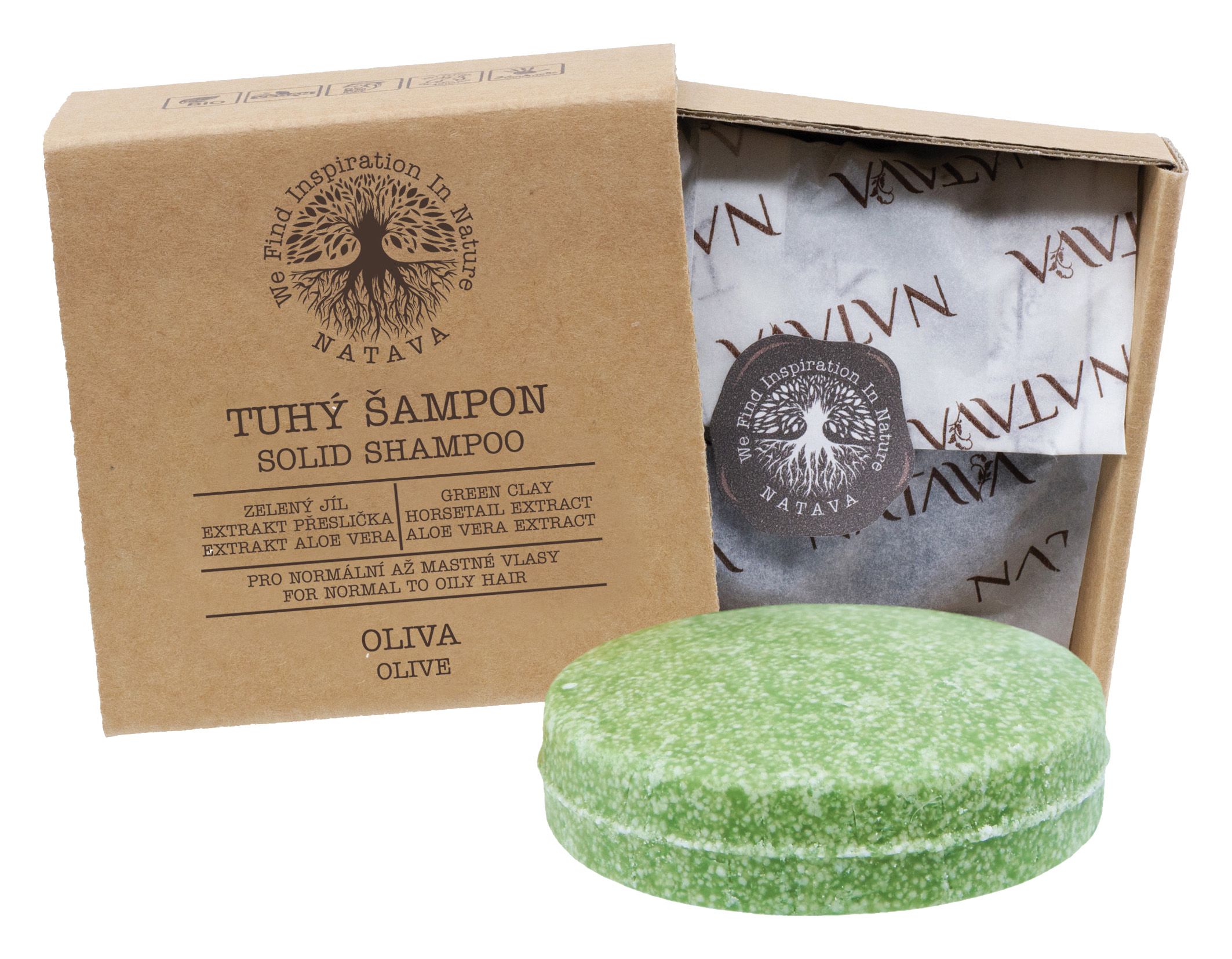 Tuhý šampon Oliva - normálně + rychle se mastící vlasy (zelený jíl, olivový olej, aloe)